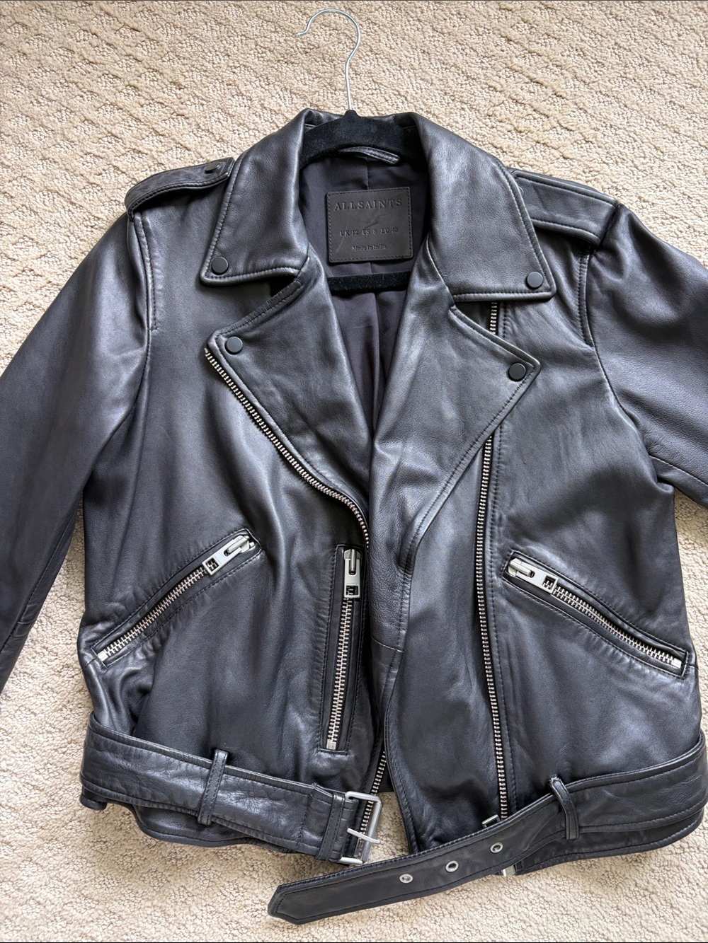 All Saints Black Leather Moto Jacket with Belt